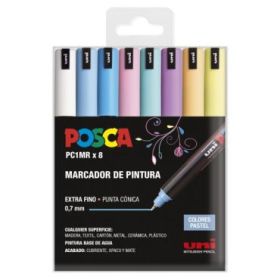 Posca PC1MR/8C Estuche de 8 Marcadores de Pintura - Punta Roller de Fibra 0.7mm - Tinta Pigmentada Base al Agua - Linea Extrafina - Resistente a la Luz - Color Surtido