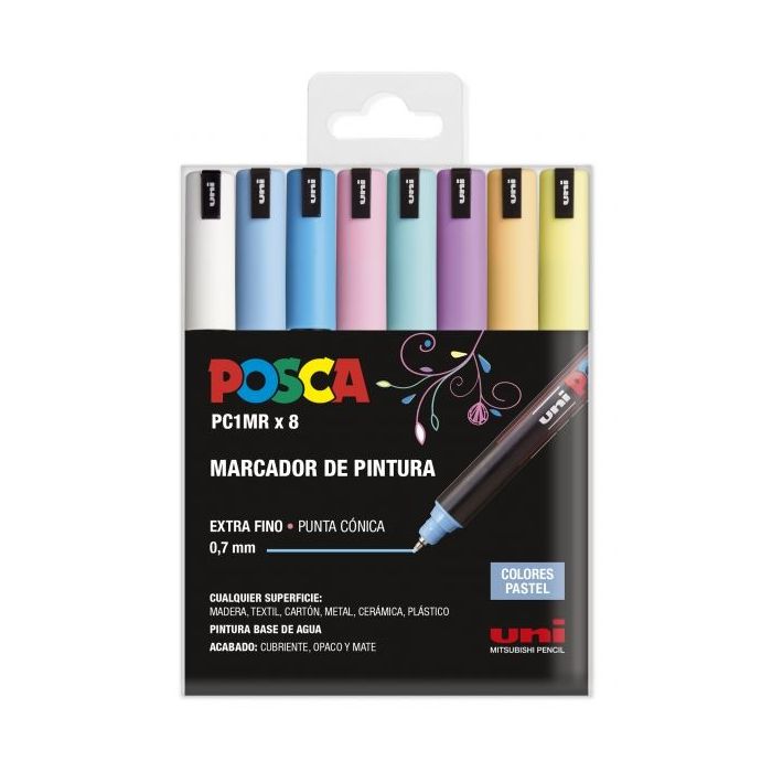 Posca PC1MR/8C Estuche de 8 Marcadores de Pintura - Punta Roller de Fibra 0.7mm - Tinta Pigmentada Base al Agua - Linea Extrafina - Resistente a la Luz - Color Surtido