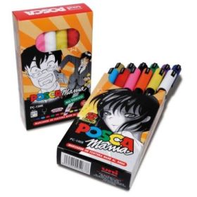 Posca PC-1MR/12P Estuche de 12 Marcadores de Pintura - Punta Roller de Fibra 0.7mm - Tinta Base al Agua - Resistente a la Luz - No Permanente - Color Surtido