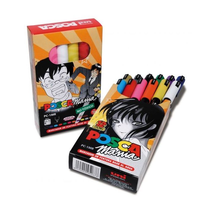Posca PC-1MR/12P Estuche de 12 Marcadores de Pintura - Punta Roller de Fibra 0.7mm - Tinta Base al Agua - Resistente a la Luz - No Permanente - Color Surtido