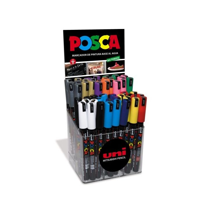 Posca PC-1MR Expositor de 48 Marcadores de Pintura - Punta Roller de Fibra 0.7mm - Tinta Pigmentada Base al Agua - Resistente a la Luz - Color Surtido