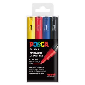 Posca PC1M/4C Pack de 4 Marcadores de Pintura - Punta Conica 0.7mm - Tinta Base al Agua - No Permanente - Resistente a la Luz - Colores Surtidos
