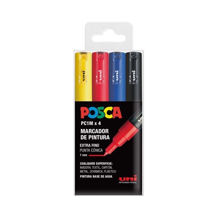 Posca PC1M/4C Pack de 4 Marcadores de Pintura - Punta Conica 0.7mm - Tinta Base al Agua - No Permanente - Resistente a la Luz - Colores Surtidos