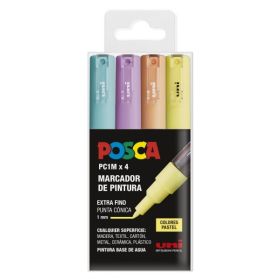 Posca PC1M/4C Estuchce de 4 Marcadores de Pintura - Punta Conica de Poliester 0.7mm - Tinta Base al Agua - No Permanente - Resistente a la Luz - Ideal para Carteleria y Decoracion - Color Surtido