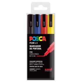 Posca PC-3M/4C Estuche de 4 Marcadores de Pintura - Punta de Poliester Conica 0.9-1.3mm - Tinta Base al Agua - Resistente a la Luz - No Permanente - Inodoro - Ideal para Carteleria y Decoracion - Color Surtido