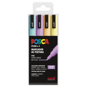 Posca PC-3M Estuche de 4 Marcadores de Pintura - Punta Conica de Poliester 0.9-1.3mm - Tinta Base al Agua - No Permanente - Resistente a la Luz - Inodoro - Color Surtido