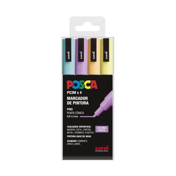 Posca PC-3M Estuche de 4 Marcadores de Pintura - Punta Conica de Poliester 0.9-1.3mm - Tinta Base al Agua - No Permanente - Resistente a la Luz - Inodoro - Color Surtido