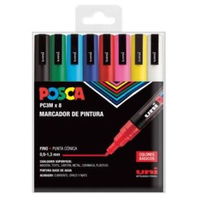 Posca PC-3M Estuche de 8 Marcadores de Pintura - Punta Conica de Poliester 0.9-1.3mm - Tinta Base al Agua - No Permanente - Resistente a la Luz - Inodoro - Lavable - Color Surtido