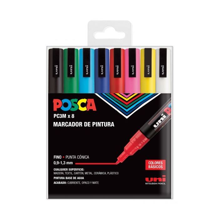 Posca PC-3M Estuche de 8 Marcadores de Pintura - Punta Conica de Poliester 0.9-1.3mm - Tinta Base al Agua - No Permanente - Resistente a la Luz - Inodoro - Lavable - Color Surtido