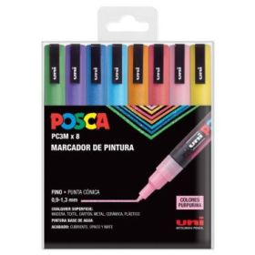 Posca PC-3M/8C Estuche de 8 Marcadores de Pintura - Punta Conica de Poliester 0.9-1.3mm - Tinta Base al Agua - Resistente a la Luz - Color Surtido