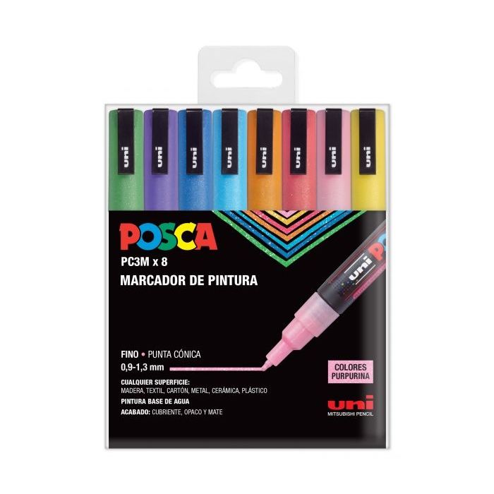 Posca PC-3M/8C Estuche de 8 Marcadores de Pintura - Punta Conica de Poliester 0.9-1.3mm - Tinta Base al Agua - Resistente a la Luz - Color Surtido