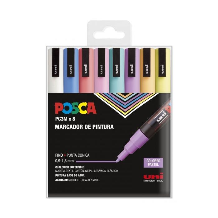 Posca PC-3M/8C Marcador de Pintura - Punta Conica 0.9-1.3mm - Tinta Base al Agua - No Permanente - Resistente a la Luz - Inodoro - Color Surtido