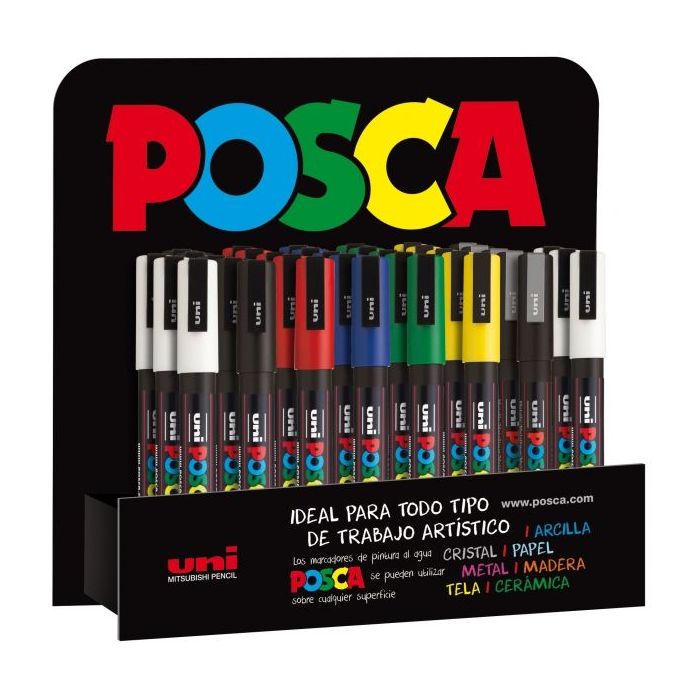Posca PC-3M Expositor de 36 Marcadores de Pintura - Punta Conica de Poliester 0.9-1.3mm - Tinta Base al Agua - Resistente a la Luz - No Permanente - Color Surtido