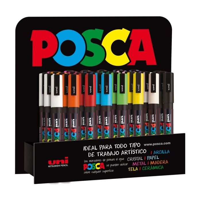 Posca PC-3M/3D Expositor de 36 Marcadores de Pintura - Punta Conica de Poliester 0.9-1.3mm - Tinta Base al Agua - Resistente a la Luz - No Permanente - Color Surtido