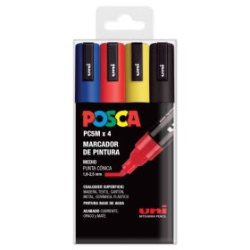 Posca PC-5M/4C Estuche de 4 Marcadores de Pintura - Punta de Bala 1.8-2.5mm - Tinta Base al Agua - No Permanente - Resistente a la Luz - Color Surtido