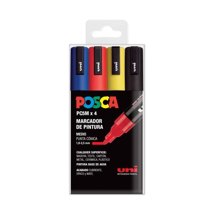 Posca PC-5M/4C Estuche de 4 Marcadores de Pintura - Punta de Bala 1.8-2.5mm - Tinta Base al Agua - No Permanente - Resistente a la Luz - Color Surtido