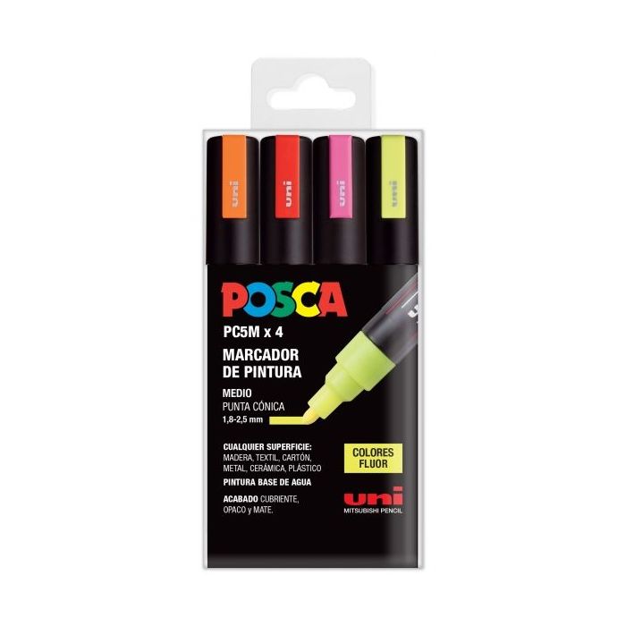 Posca PC-5M Estuche de 4 Marcadores de Pintura - Punta de Bala 1.8-2.5mm - Tinta Base al Agua - Resistente a la Luz - No Permanente - Color Surtido