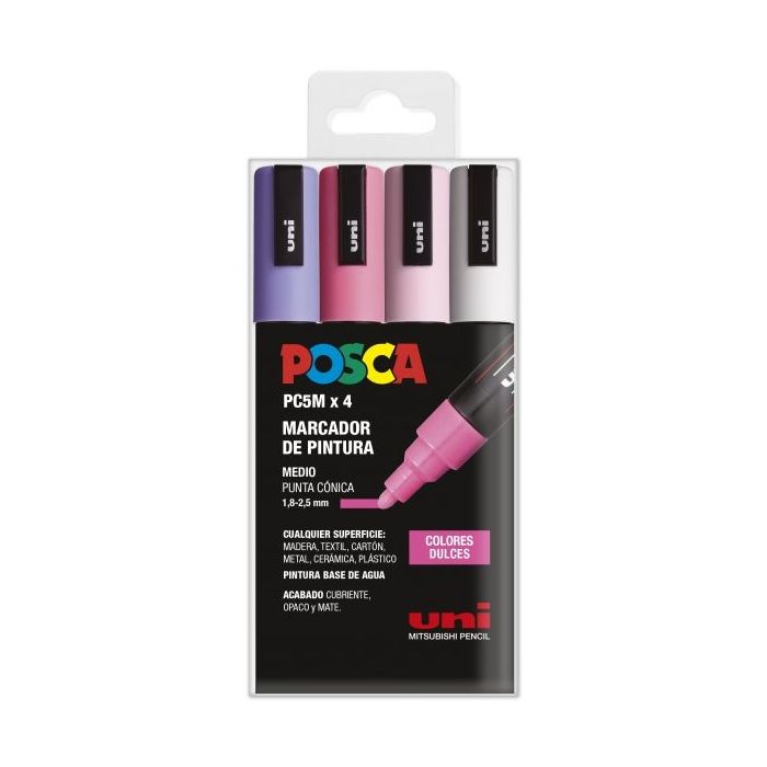 Posca PC-5M Estuche de 4 Marcadores de Pintura - Punta de Bala 1.8-2.5mm - Tinta Base al Agua - Resistente a la Luz - Color Surtido