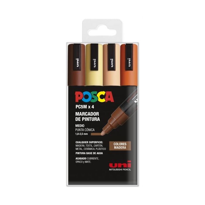 Posca PC-5M Estuche de 4 Marcadores de Pintura - Punta de Bala 1.8-2.5mm - Tinta Base al Agua - Resistente a la Luz - No Permanente - Color Surtido