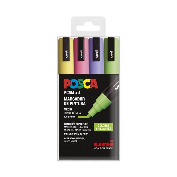 Posca PC-5M Estuche de 4 Marcadores de Pintura - Punta de Bala 1.8-2.5mm - Tinta Base al Agua - Resistente a la Luz - Color Surtido