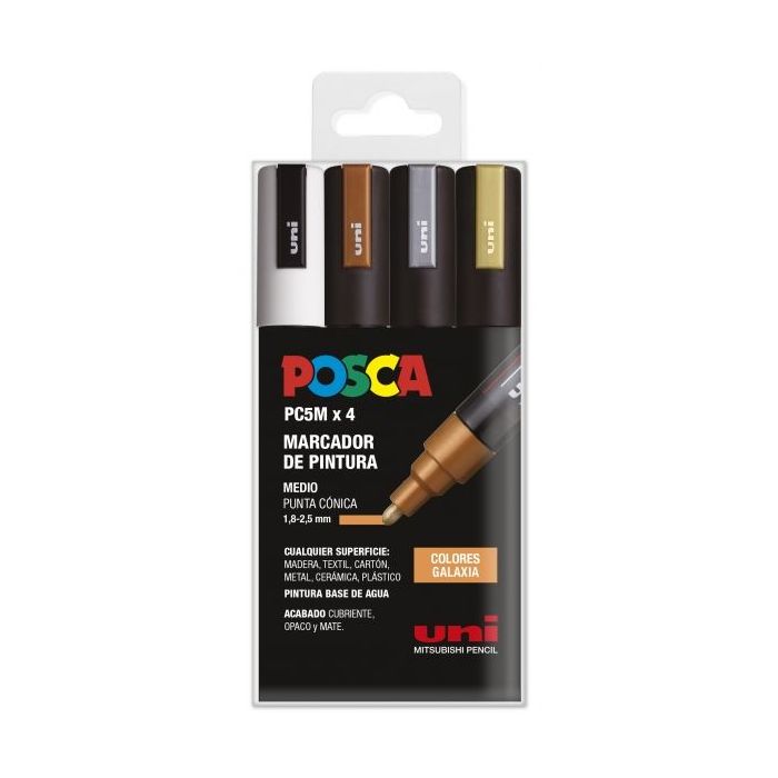 Posca PC-5M Estuche de 4 Marcadores de Pintura - Punta de Bala 1.8-2.5mm - Tinta Base al Agua - Resistente a la Luz - Color Surtido