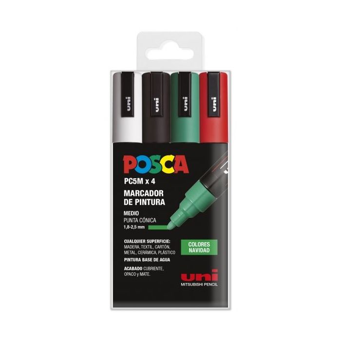 Posca PC-5M Estuche de 4 Marcadores de Pintura - Punta de Bala 1.8-2.5mm - Tinta Base al Agua - Resistente a la Luz - Color Surtido