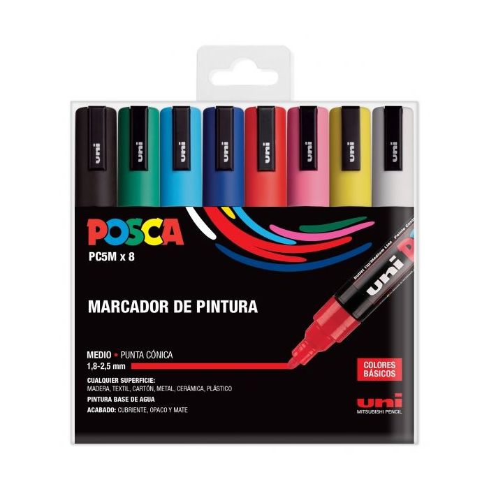 Posca PC-5M/8C Estuche de 8 Marcadores de Pintura - Punta de Poliester 1.8-2.5mm - Tinta Base al Agua - Resistente a la Luz - No Permanente - Color Surtido