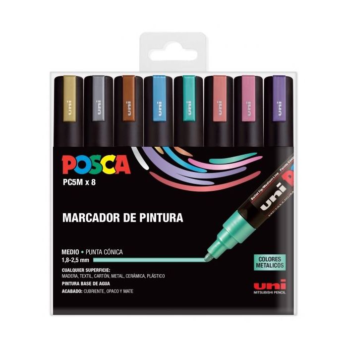 Posca PC-5M/8C Estuche de 8 Marcadores de Pintura - Punta de Bala 1.8-2.5mm - Tinta Base al Agua - Resistente a la Luz - No Permanente - Color Surtido