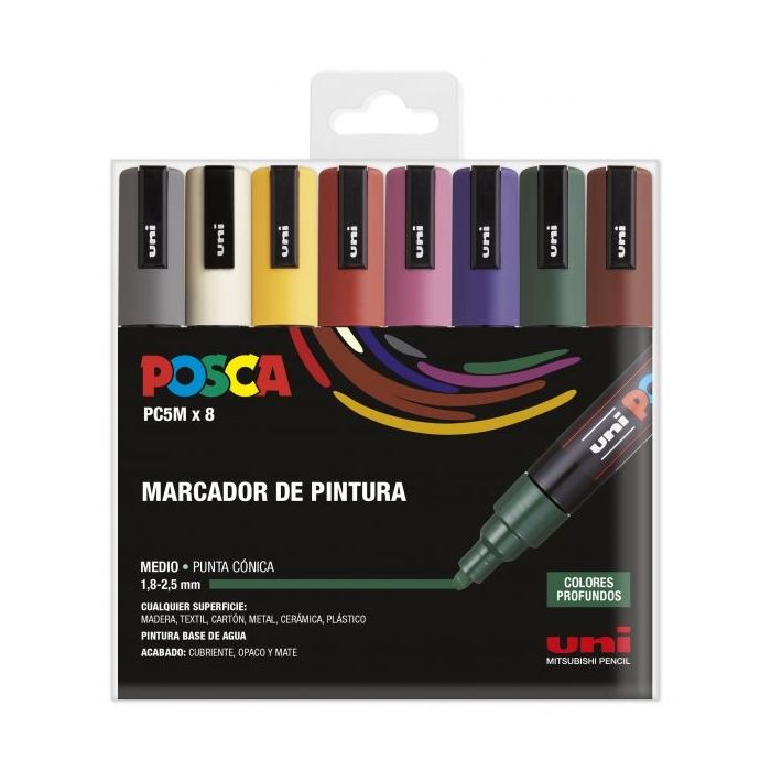 Posca PC-5M Estuche de 8 Marcadores de Pintura - Punta de Bala 1.8-2.5mm - Tinta Base al Agua - Resistente a la Luz - No Permanente - Color Surtido