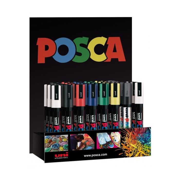 Posca PC-5M Expositor de 36 Marcador de Pintura - Punta de Bala 1.8-2.5mm - Tinta Base al Agua - Resistente a la Luz - Color Surtido