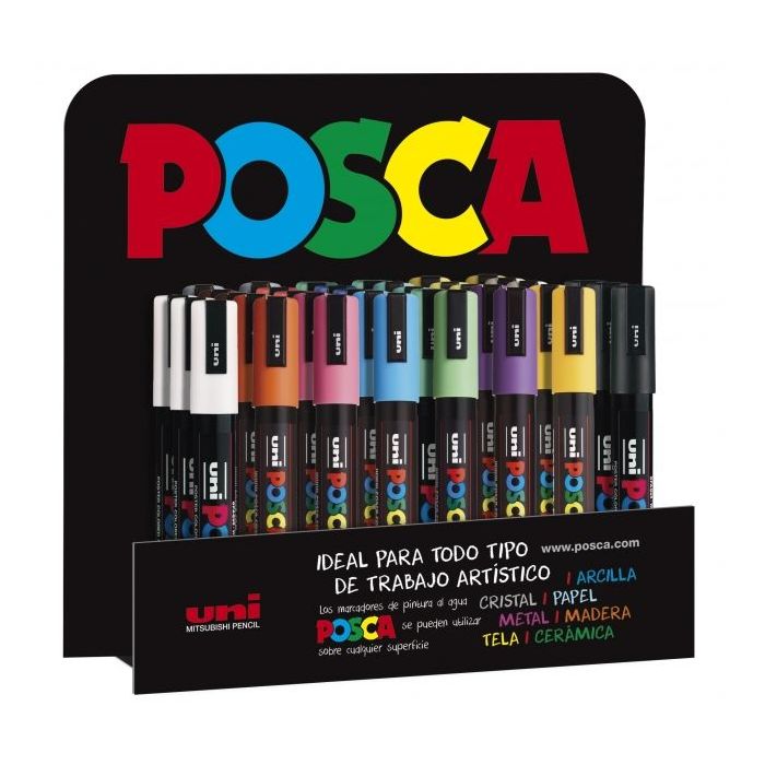 Posca PC-5M/3D Expositor de 36 Marcadores de Pintura - Punta de Poliester 1.8-2.5mm - Tinta Base al Agua - No Permanente - Resistente a la Luz - Color Surtido