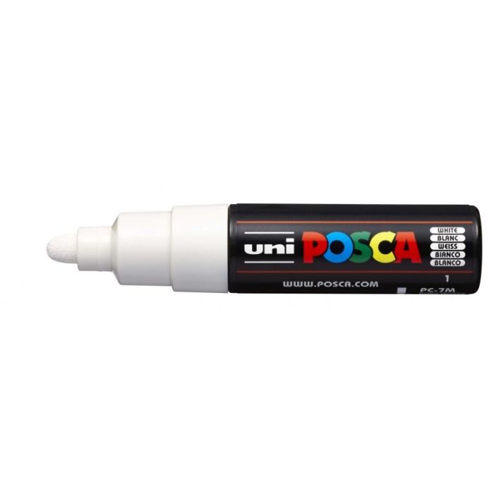 Posca PC-7M Marcador de Pintura - Punta de Poliester Forma de Bala 4.5-5.5mm - Tinta Base al Agua - Resistente a la Luz - Color Blanco