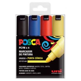 Posca PC-7M Estuche de 4 Marcadores de Pintura - Punta de Bala 4.5-5.5mm - Tinta Base al Agua - Resistente a la Luz - No Permanente - Color Surtido