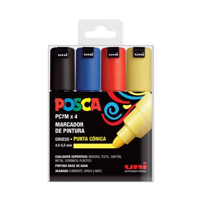 Posca PC-7M Estuche de 4 Marcadores de Pintura - Punta de Bala 4.5-5.5mm - Tinta Base al Agua - Resistente a la Luz - No Permanente - Color Surtido