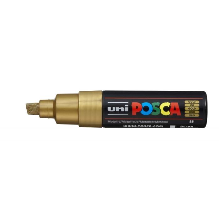 Posca PC-8K Marcador de Pintura - Punta Biselada Acrilica 8mm - Tinta Base al Agua - Resistente a la Luz - No Permanente - Color Oro Metálico