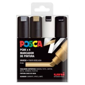 Posca PC-8K Estuche de 4 Marcadores de Pintura - Punta Biselada Acrilica 8mm - Tinta Base al Agua - Resistente a la Luz - Color Surtido