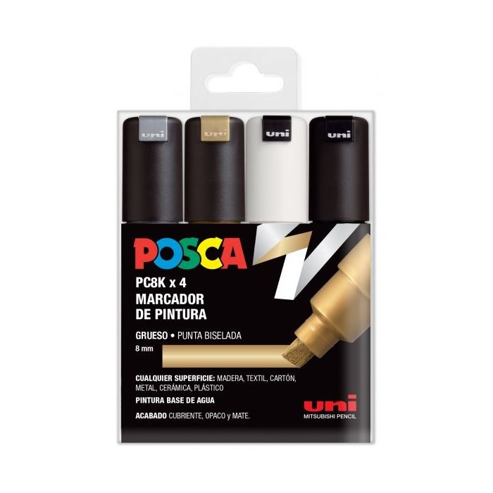 Posca PC-8K Estuche de 4 Marcadores de Pintura - Punta Biselada Acrilica 8mm - Tinta Base al Agua - Resistente a la Luz - Color Surtido