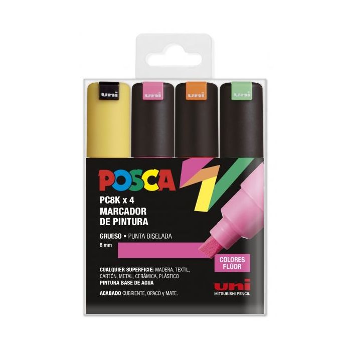 Posca PC-8K Estuche de 4 Marcadores de Pintura - Punta Biselada Acrilica 8mm - Tinta Base al Agua - Resistente a la Luz - Color Surtido