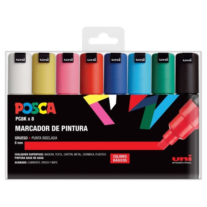 Posca PC-8K/8C Estuche de 8 Marcadores de Pintura - Punta Biselada Acrilica 8mm - Tinta Base al Agua - Resistente a la Luz - Color Surtido