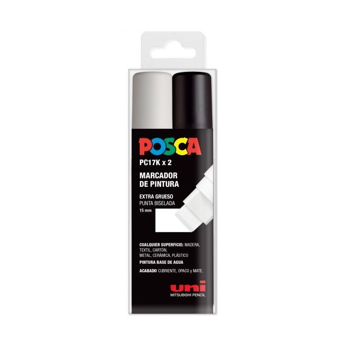Posca PC-17K Estuche de 2 Marcadores de Pintura - Punta Biselada de Poliester 15mm - Ancho de Trazo Muy Grueso - Tinta Base al Agua - Resistente a la Luz - No Permanente - Color Surtido
