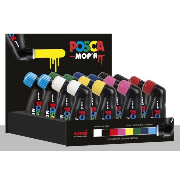 Posca MOP'R Expositor de 16 Marcadores de Pintura - Punta Redondeada de Gomaespuma - Ancho de Trazo 3-19mm - Multi Efectos - Tinta Base al Agua - Color Surtido