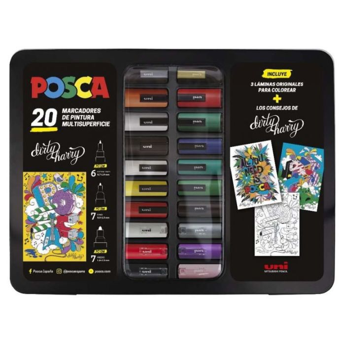 Posca Maleta Metalica con 20 Marcadores de Pintura - Surtido en Color y Trazo - Punta de Poliester - Tinta Pigmentada Base Agua - Resistente a la Luz - Incluye Laminas y Consejos de Dirty Harry - Color Surtido