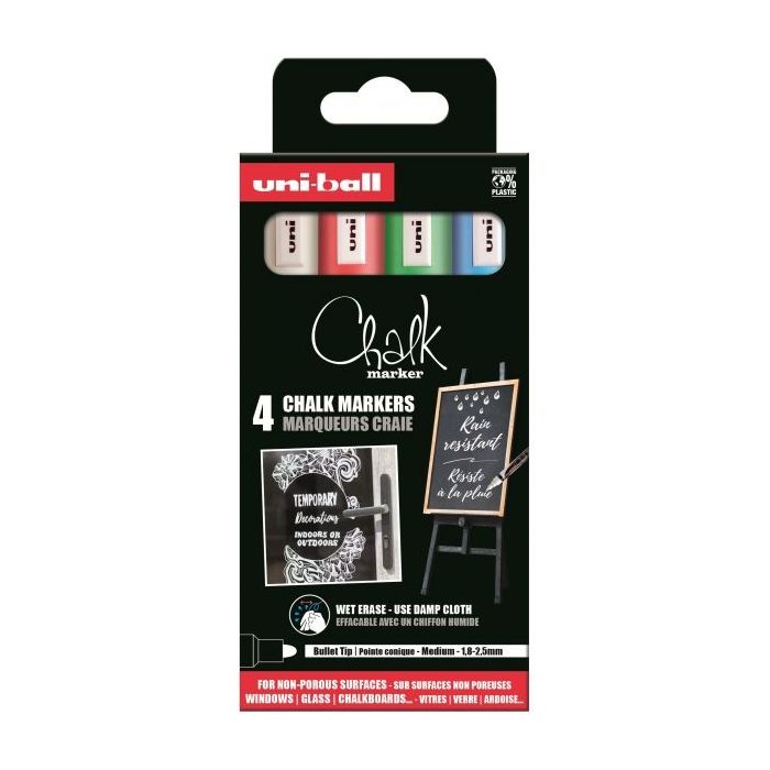 Uni-ball PWE-5M Pack de 4 Marcadores de Tiza Liquida - Punta Conica 1.8-2.5mm - Borrado en Humedo - Resistente a la Lluvia - Color Surtido