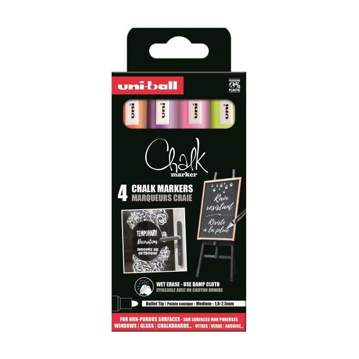 Uni-ball PWE-5M Pack de 4 Marcadores de Tiza Liquida - Punta Conica 1.8-2.5mm - Borrado en Humedo - Resistente a la Lluvia - Ideal para Pizarras y Vidrio - Color Surtido