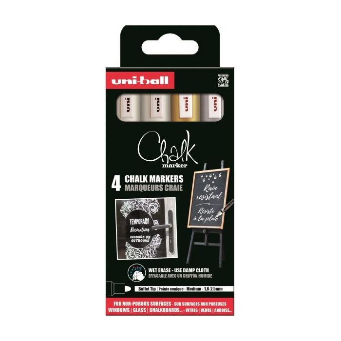 Uni-ball PWE-5M Pack de 4 Marcadores de Tiza Liquida - Punta Conica 1.8-2.5mm - Borrado en Humedo - Resistente a la Lluvia y Exteriores - Color Surtido