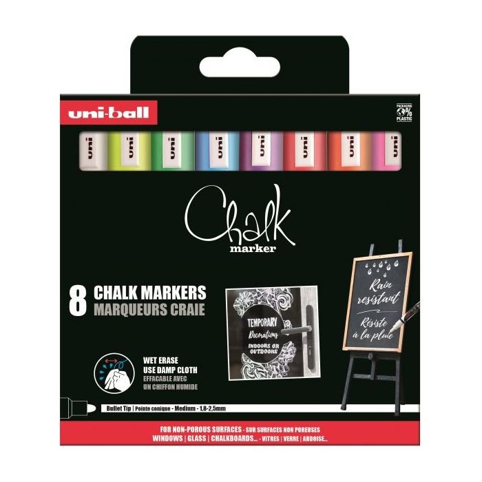 Uni-ball PWE-5M Pack de 8 Marcadores de Tiza Liquida - Punta Conica 1.8-2.5mm - Borrado en Humedo - Resistente a la Lluvia - Color Surtido