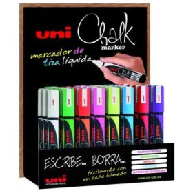 Uni-ball PWE-5M/3D Expositor de 36 Marcadores de Tiza Liquida - Punta Conica 1.8-2.5mm - Borrado en Humedo - Resistente a la Lluvia - Color Surtido