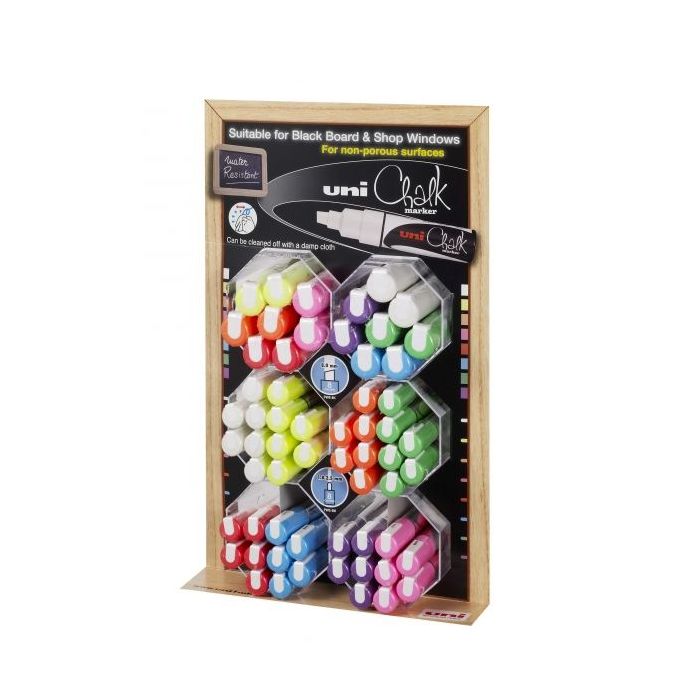 Uni-ball PWE-5M/8K Expositor de 60 Marcadores de Tiza Liquida - Punta Biselada 8mm - Borrado en Humedo - Resistente a la Lluvia - Color Surtido
