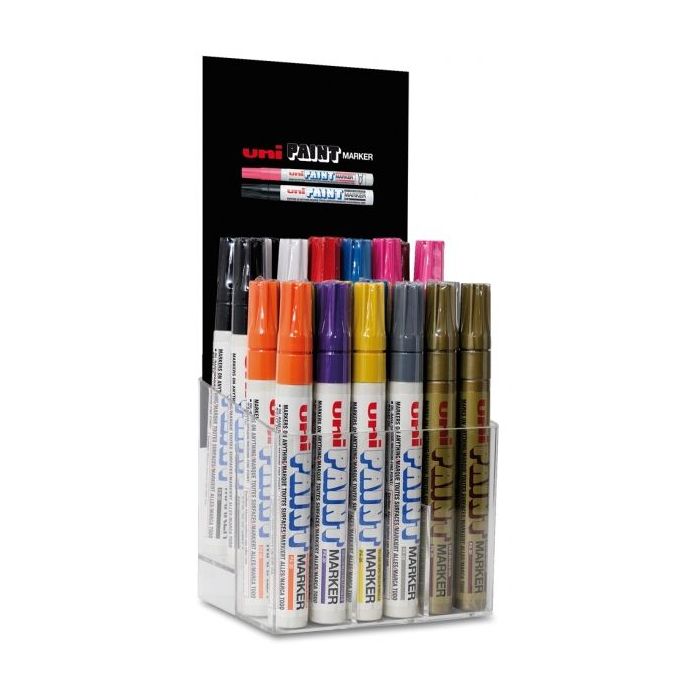 Uni-ball PX-20/30P Expositor de 30 Marcadores de Pintura - Punta Acrilica de Bala 2.2-2.8mm - Permanente en Todas las Superficies - Resistente a Luz y Agua - Cuerpo de Aluminio - Color Surtido