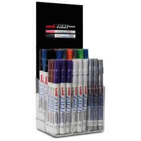 Uni-ball PX-21 Expositor de 54 Marcadores de Pintura - Punta Acrilica de Bala 0.8-1.2mm - Linea Fina - Cuerpo de Aluminio - Tinta Permanente Resistente a Luz y Agua - Colores Surtidos